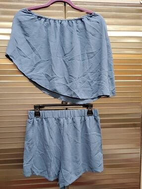 Shein Women’s Light Blue Two-Piece Off Shoulder Shirt and Short Set